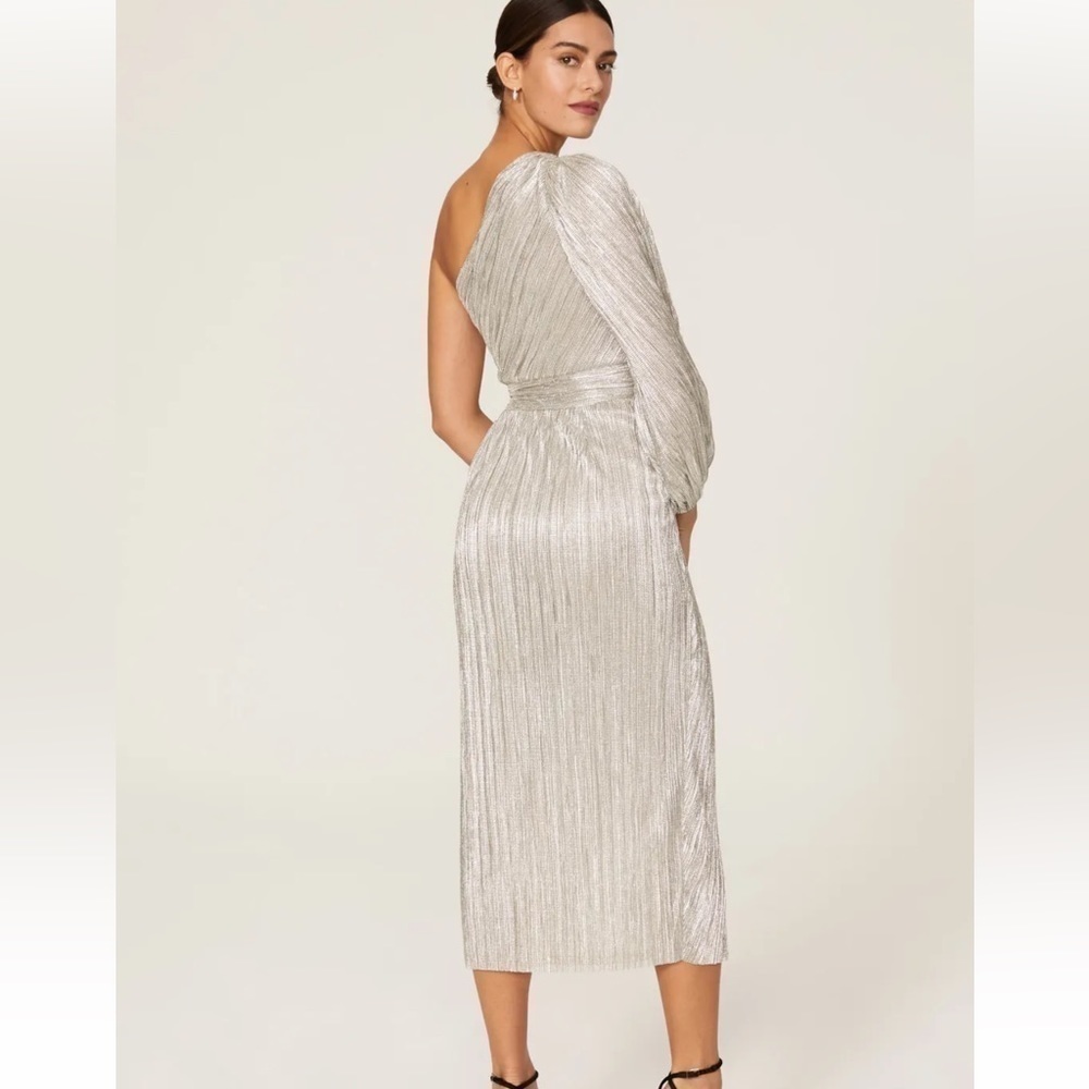 $286 Saylor One Shoulder Midi Dress Womens XS Silver Metallic Sparkly Feminine